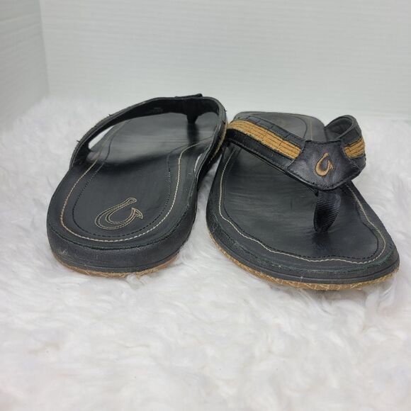 Olukai Kukui Men's Sandals Size 12 Black Leather Flip Flops Thongs Shoes - Picture 7 of 9